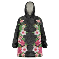 Hawaii Tropical Flowers Wearable Blanket Hoodie Black Polynesian Tattoo Art LT05 One Size Black - Polynesian Pride