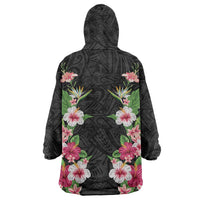 Hawaii Tropical Flowers Wearable Blanket Hoodie Black Polynesian Tattoo Art LT05 - Polynesian Pride