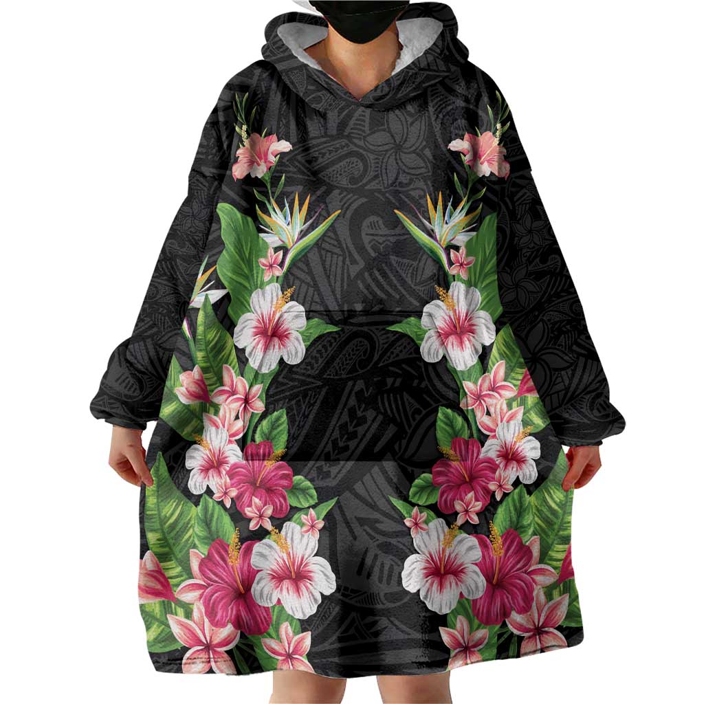 Hawaii Tropical Flowers Wearable Blanket Hoodie Black Polynesian Tattoo Art LT05 - Polynesian Pride