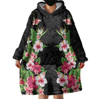 Hawaii Tropical Flowers Wearable Blanket Hoodie Black Polynesian Tattoo Art LT05 - Polynesian Pride