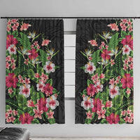 Hawaii Tropical Flowers Window Curtain Black Polynesian Tattoo Art LT05 With Hooks Black - Polynesian Pride