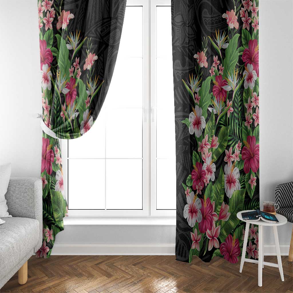 Hawaii Tropical Flowers Window Curtain Black Polynesian Tattoo Art LT05 - Polynesian Pride