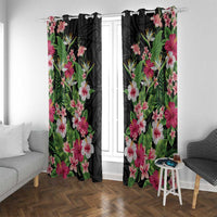 Hawaii Tropical Flowers Window Curtain Black Polynesian Tattoo Art LT05 With Grommets Black - Polynesian Pride