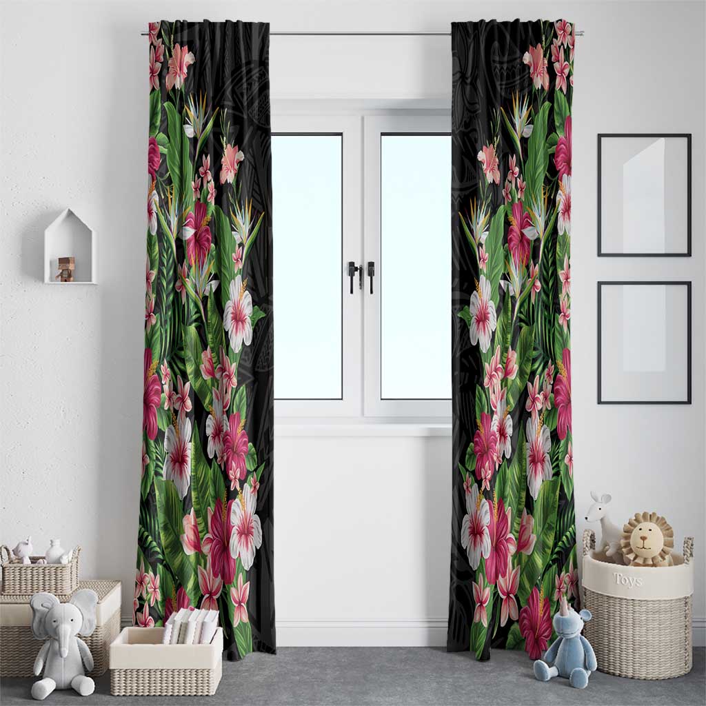 Hawaii Tropical Flowers Window Curtain Black Polynesian Tattoo Art LT05 - Polynesian Pride