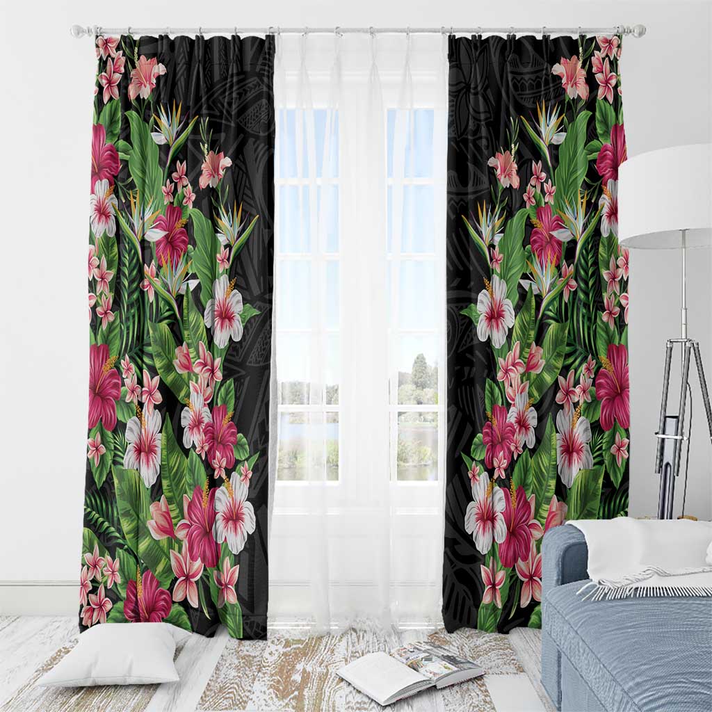 Hawaii Tropical Flowers Window Curtain Black Polynesian Tattoo Art LT05 - Polynesian Pride