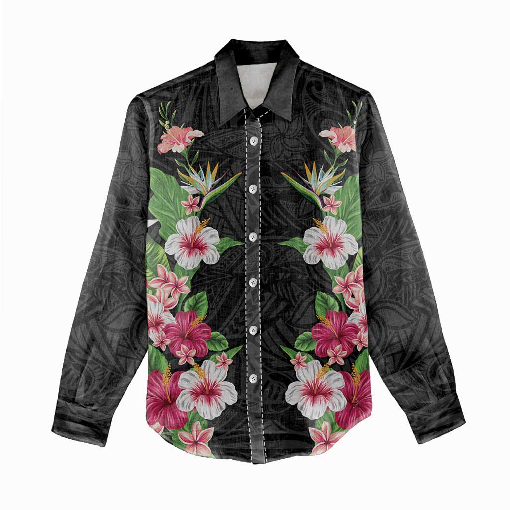 Hawaii Tropical Flowers Women Casual Shirt Black Polynesian Tattoo Art LT05 - Polynesian Pride