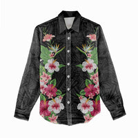 Hawaii Tropical Flowers Women Casual Shirt Black Polynesian Tattoo Art LT05 - Polynesian Pride