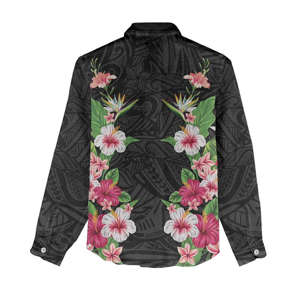 Hawaii Tropical Flowers Women Casual Shirt Black Polynesian Tattoo Art LT05 - Polynesian Pride