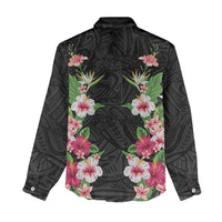 Hawaii Tropical Flowers Women Casual Shirt Black Polynesian Tattoo Art LT05 - Polynesian Pride