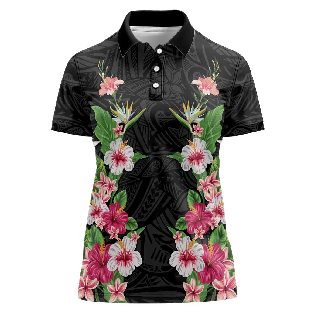 Hawaii Tropical Flowers Women Polo Shirt Black Polynesian Tattoo Art LT05 Female Black - Polynesian Pride