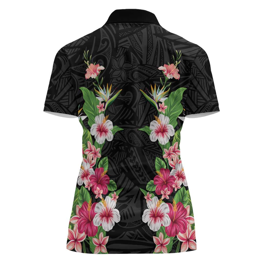 Hawaii Tropical Flowers Women Polo Shirt Black Polynesian Tattoo Art LT05 - Polynesian Pride
