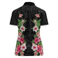Hawaii Tropical Flowers Women Polo Shirt Black Polynesian Tattoo Art LT05 - Polynesian Pride
