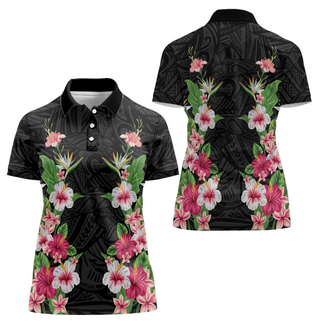 Hawaii Tropical Flowers Women Polo Shirt Black Polynesian Tattoo Art LT05 - Polynesian Pride