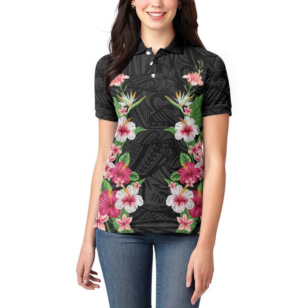 Hawaii Tropical Flowers Women Polo Shirt Black Polynesian Tattoo Art LT05 - Polynesian Pride