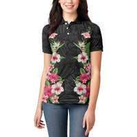 Hawaii Tropical Flowers Women Polo Shirt Black Polynesian Tattoo Art LT05 - Polynesian Pride