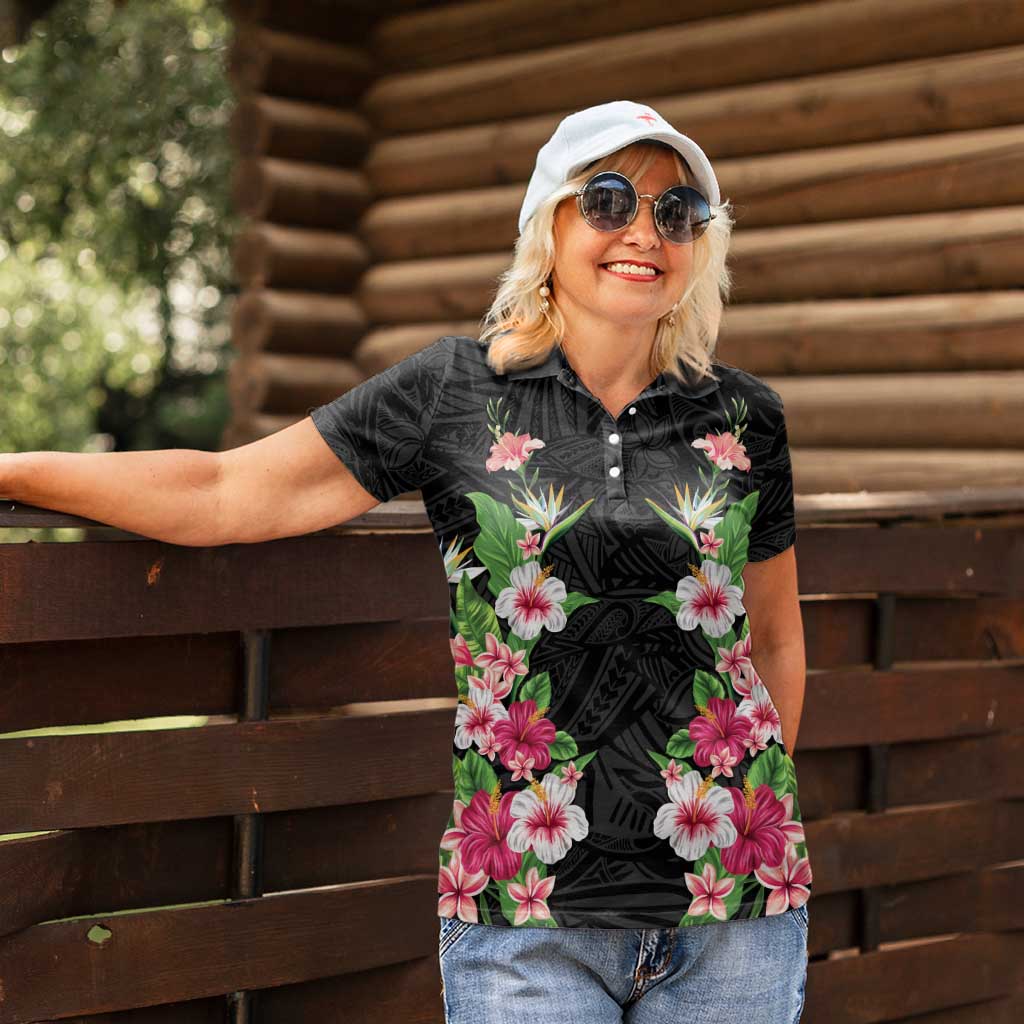 Hawaii Tropical Flowers Women Polo Shirt Black Polynesian Tattoo Art LT05 - Polynesian Pride