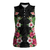 Hawaii Tropical Flowers Women Sleeveless Polo Shirt Black Polynesian Tattoo Art LT05 Female Black - Polynesian Pride