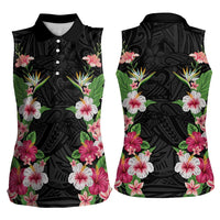 Hawaii Tropical Flowers Women Sleeveless Polo Shirt Black Polynesian Tattoo Art LT05 - Polynesian Pride