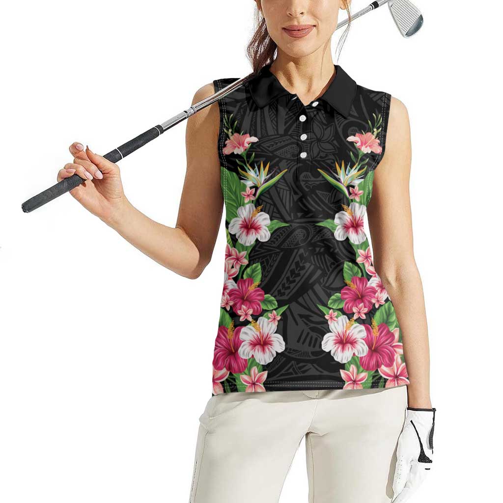 Hawaii Tropical Flowers Women Sleeveless Polo Shirt Black Polynesian Tattoo Art LT05 - Polynesian Pride