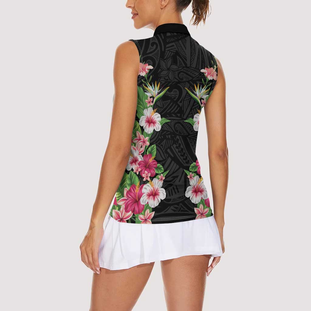 Hawaii Tropical Flowers Women Sleeveless Polo Shirt Black Polynesian Tattoo Art LT05 - Polynesian Pride