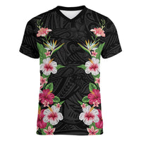 Hawaii Tropical Flowers Women V-Neck T-Shirt Black Polynesian Tattoo Art LT05 Female Black - Polynesian Pride