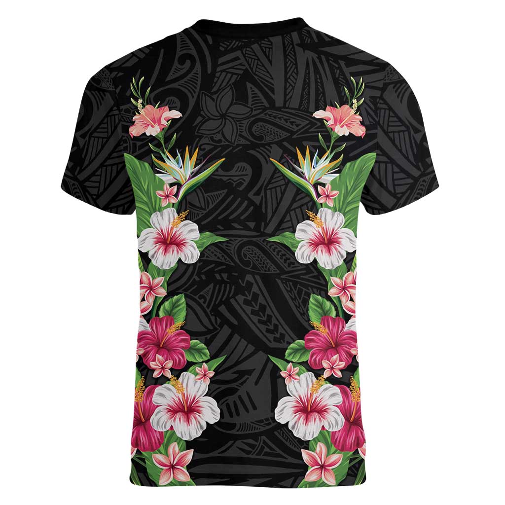 Hawaii Tropical Flowers Women V-Neck T-Shirt Black Polynesian Tattoo Art LT05 - Polynesian Pride