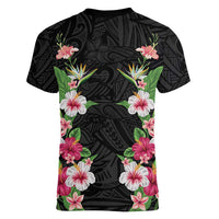 Hawaii Tropical Flowers Women V-Neck T-Shirt Black Polynesian Tattoo Art LT05 - Polynesian Pride