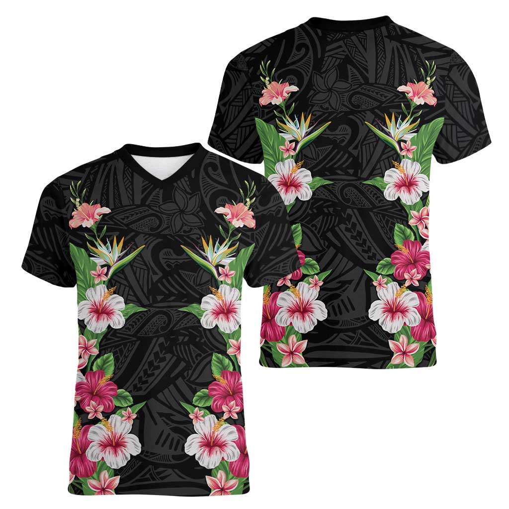 Hawaii Tropical Flowers Women V-Neck T-Shirt Black Polynesian Tattoo Art LT05 - Polynesian Pride