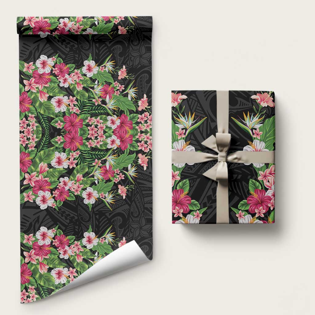 Hawaii Tropical Flowers Wrapping Paper Black Polynesian Tattoo Art LT05 58" × 23" Black - Polynesian Pride