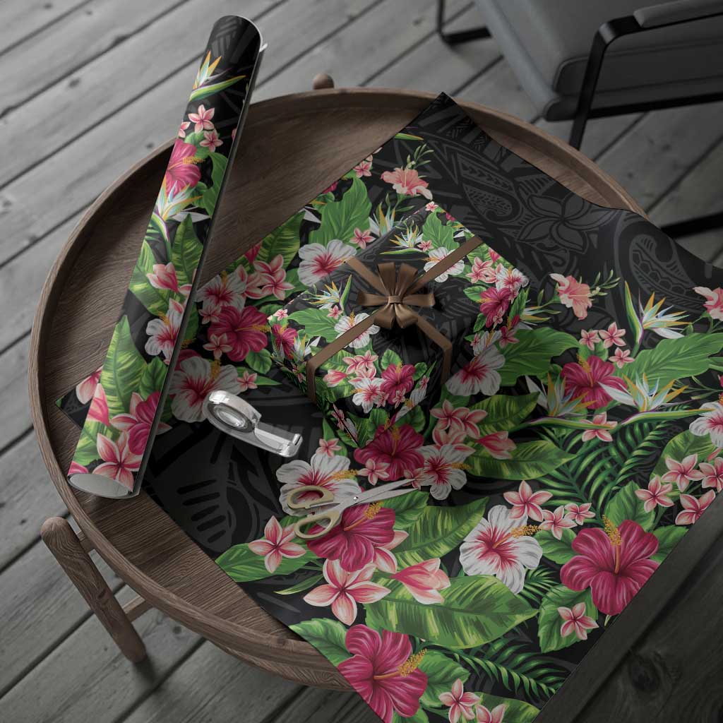 Hawaii Tropical Flowers Wrapping Paper Black Polynesian Tattoo Art LT05 - Polynesian Pride