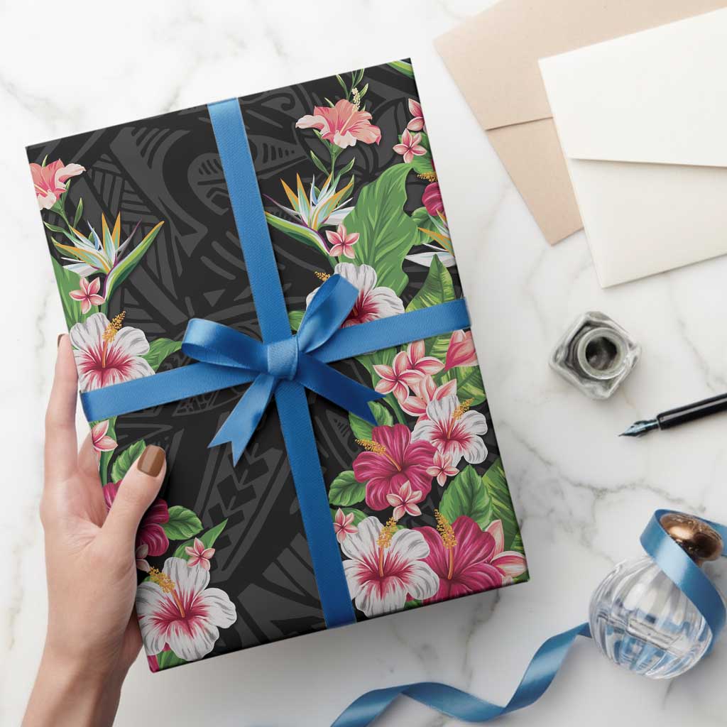 Hawaii Tropical Flowers Wrapping Paper Black Polynesian Tattoo Art LT05 - Polynesian Pride