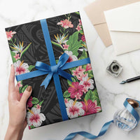Hawaii Tropical Flowers Wrapping Paper Black Polynesian Tattoo Art LT05 - Polynesian Pride
