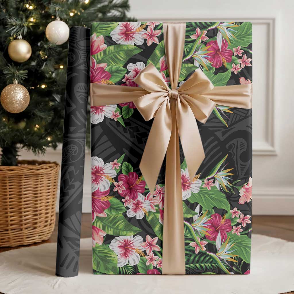 Hawaii Tropical Flowers Wrapping Paper Black Polynesian Tattoo Art LT05 - Polynesian Pride