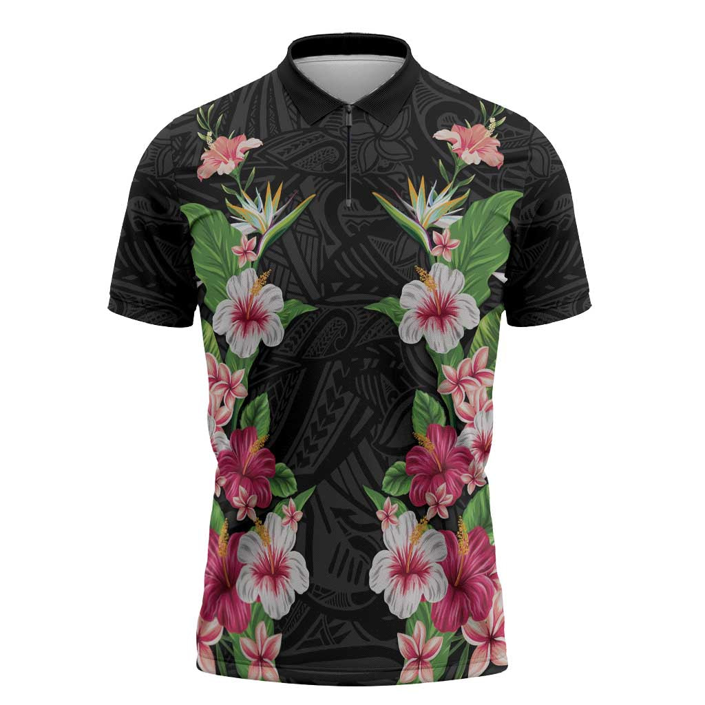 Hawaii Tropical Flowers Zipper Polo Shirt Black Polynesian Tattoo Art LT05 Black - Polynesian Pride