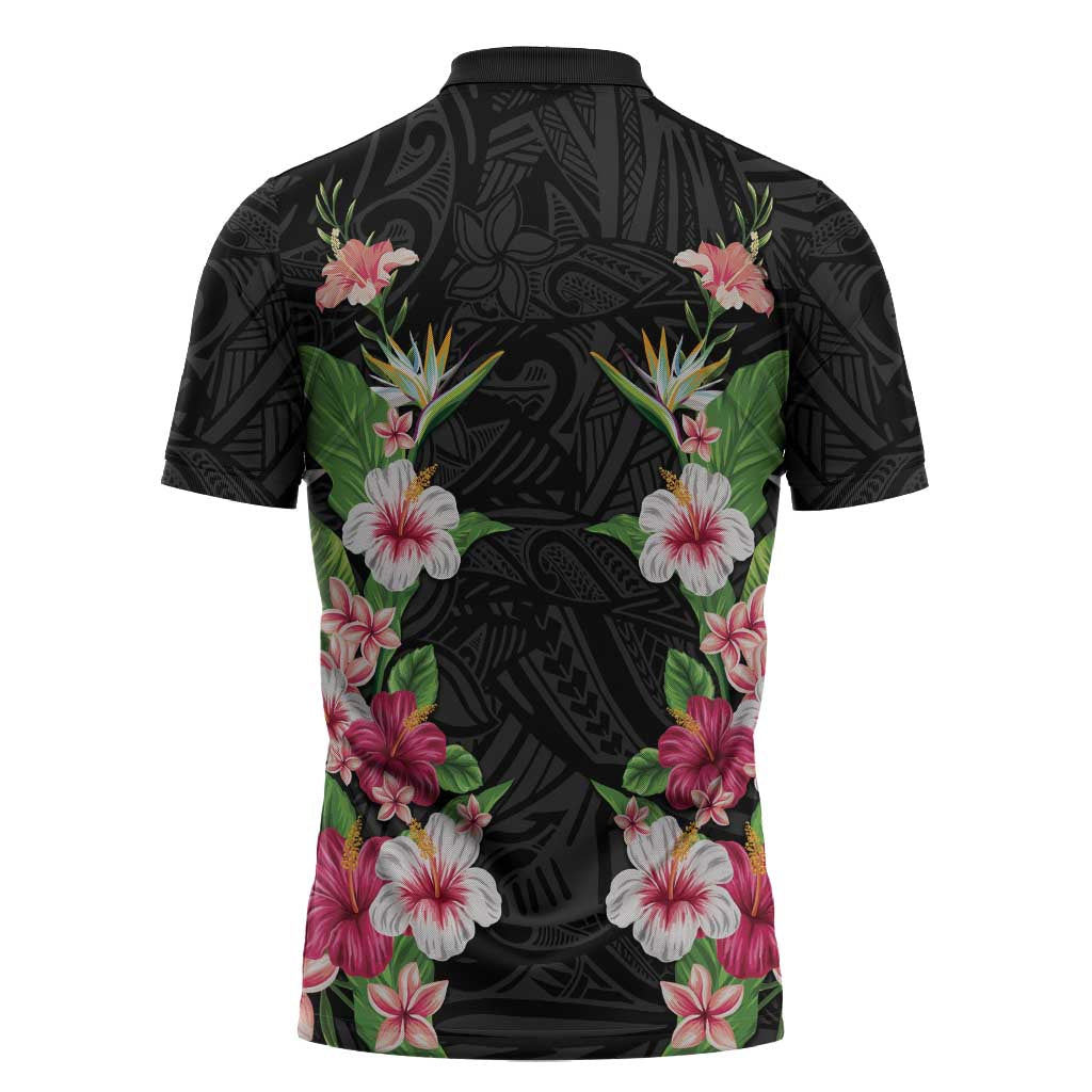 Hawaii Tropical Flowers Zipper Polo Shirt Black Polynesian Tattoo Art LT05 - Polynesian Pride