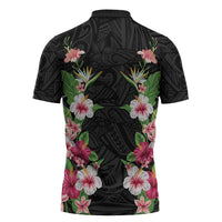 Hawaii Tropical Flowers Zipper Polo Shirt Black Polynesian Tattoo Art LT05 - Polynesian Pride