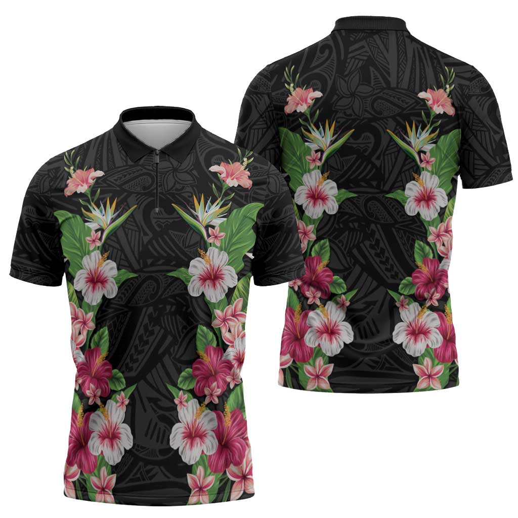Hawaii Tropical Flowers Zipper Polo Shirt Black Polynesian Tattoo Art LT05 - Polynesian Pride