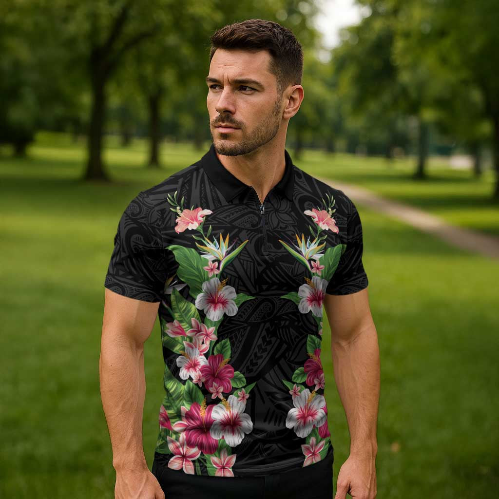 Hawaii Tropical Flowers Zipper Polo Shirt Black Polynesian Tattoo Art LT05 - Polynesian Pride
