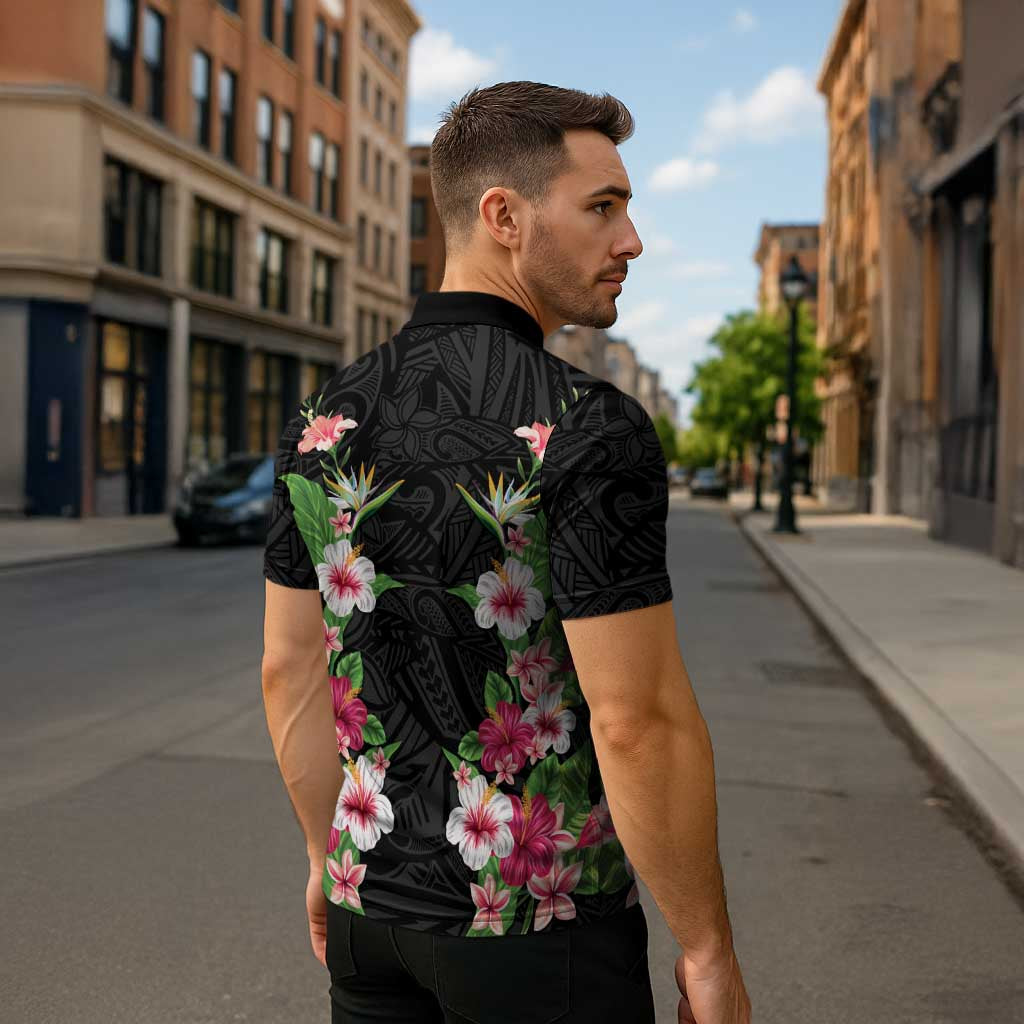 Hawaii Tropical Flowers Zipper Polo Shirt Black Polynesian Tattoo Art LT05 - Polynesian Pride
