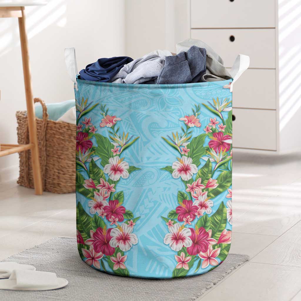 Hawaii Tropical Flowers Laundry Basket Sky Blue Polynesian Tattoo Art LT05 Blue - Polynesian Pride