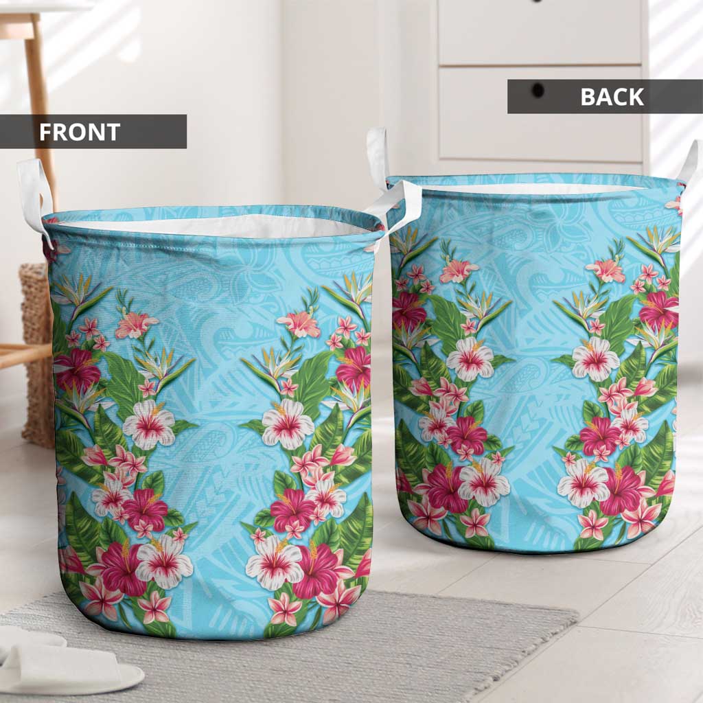 Hawaii Tropical Flowers Laundry Basket Sky Blue Polynesian Tattoo Art LT05 - Polynesian Pride