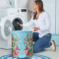 Hawaii Tropical Flowers Laundry Basket Sky Blue Polynesian Tattoo Art LT05 - Polynesian Pride