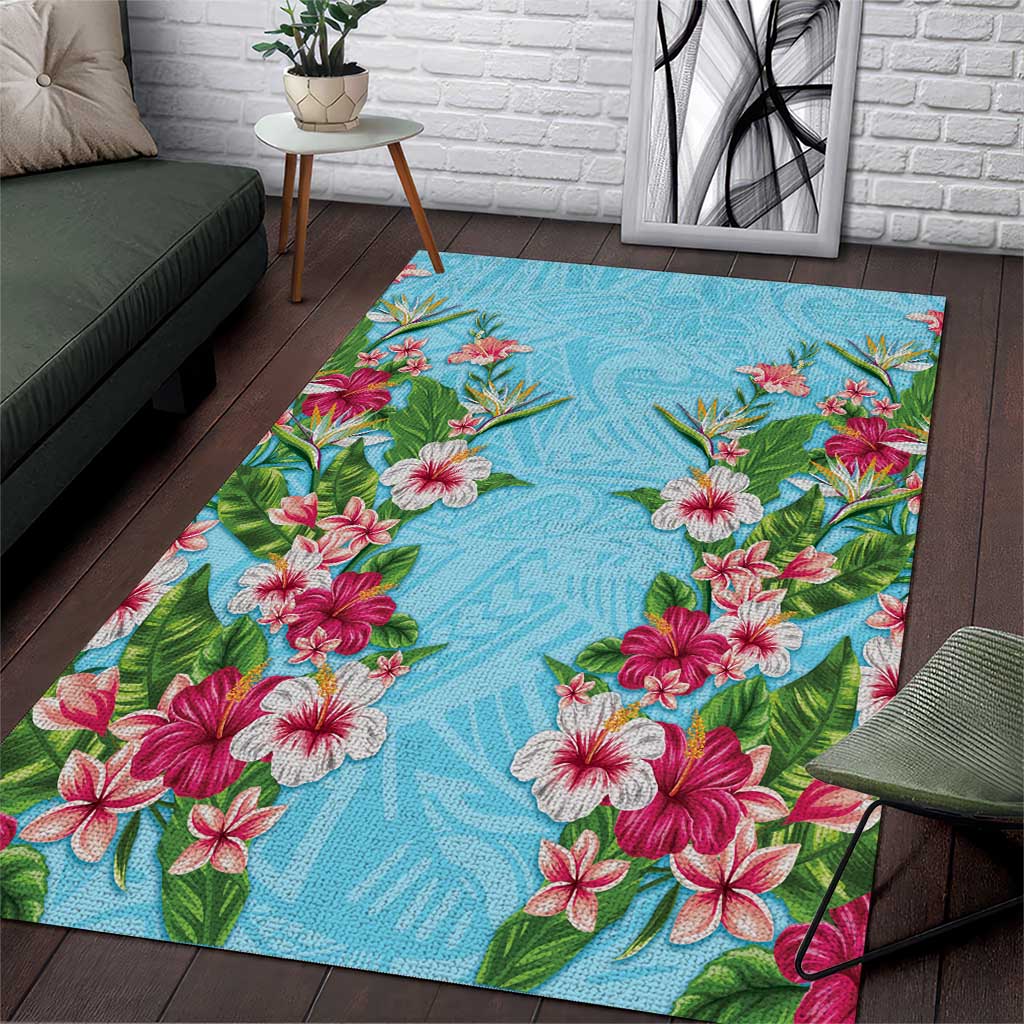 Hawaii Tropical Flowers Area Rug Sky Blue Polynesian Tattoo Art