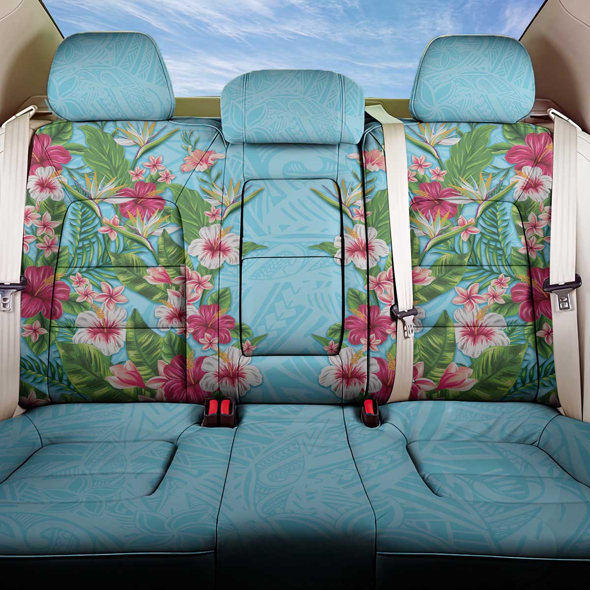 Hawaii Tropical Flowers Back Car Seat Cover Sky Blue Polynesian Tattoo Art