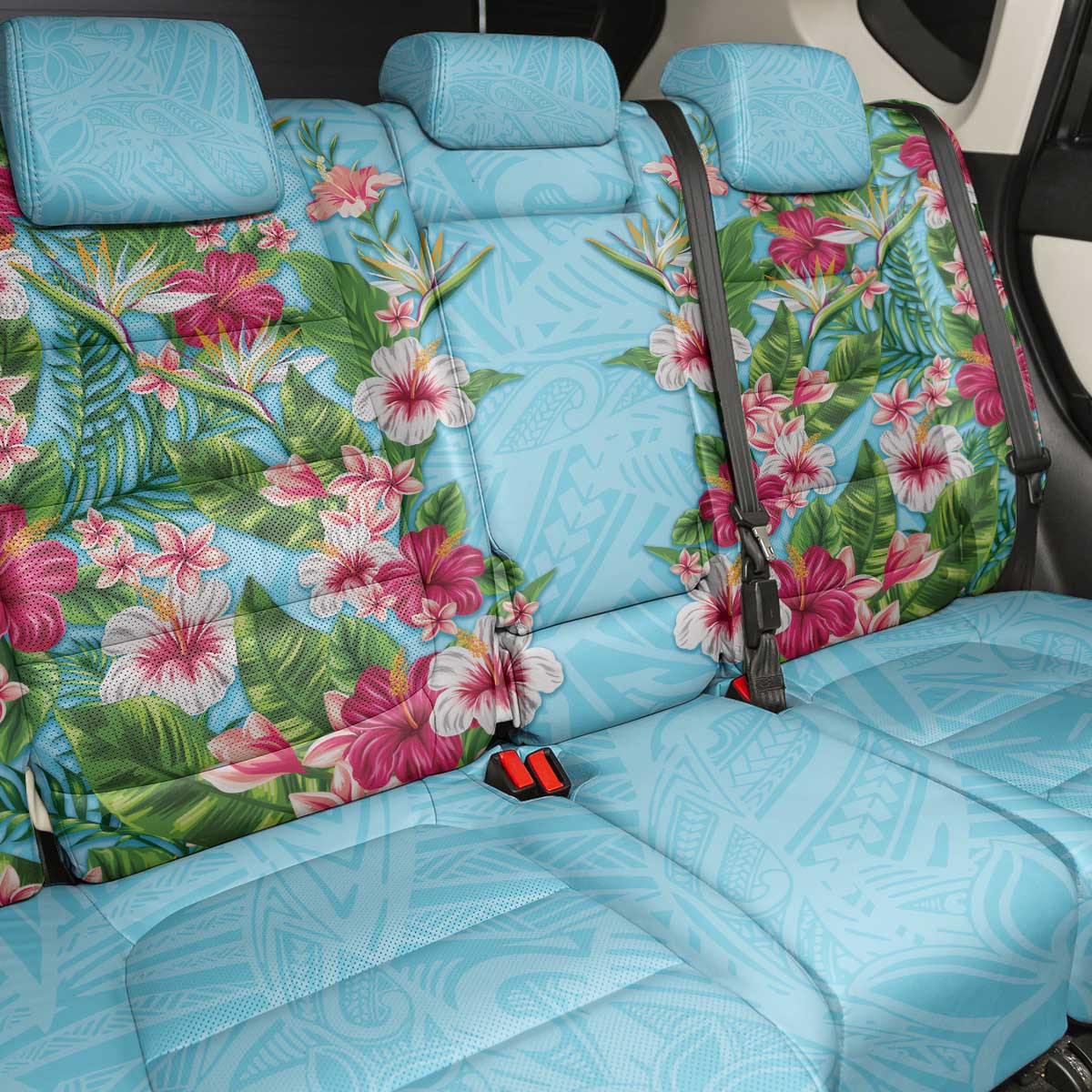 Hawaii Tropical Flowers Back Car Seat Cover Sky Blue Polynesian Tattoo Art