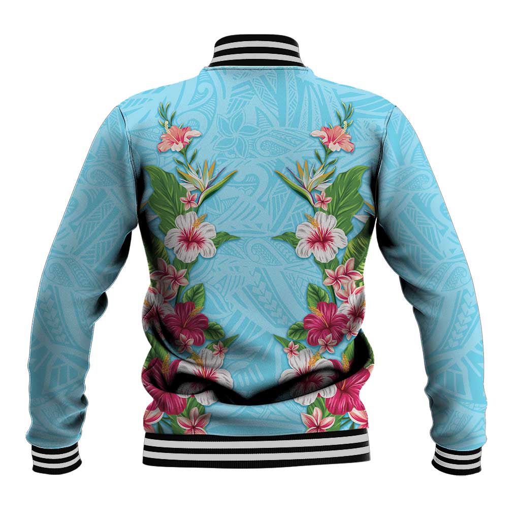 Hawaii Tropical Flowers Baseball Jacket Sky Blue Polynesian Tattoo Art LT05 - Polynesian Pride