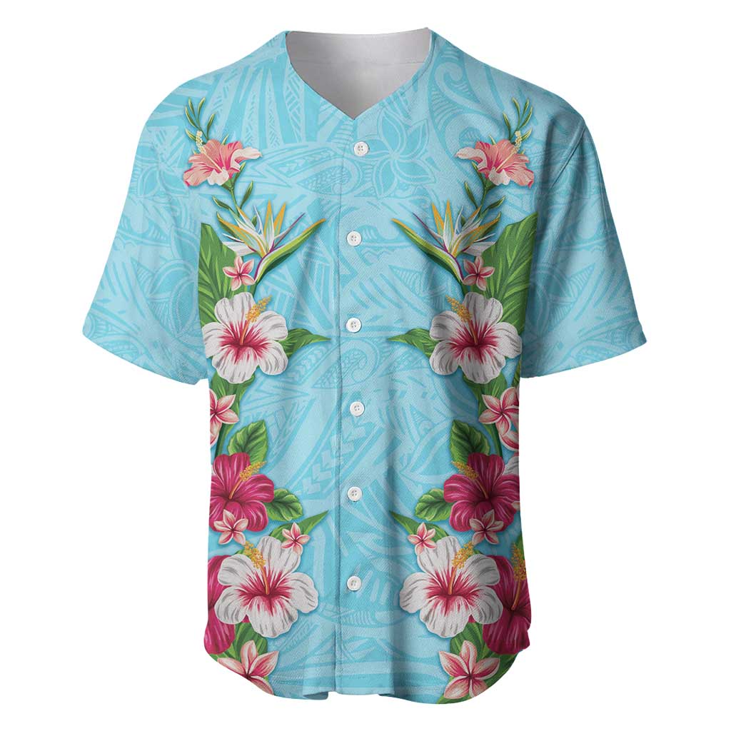 Hawaii Tropical Flowers Baseball Jersey Sky Blue Polynesian Tattoo Art LT05 Blue - Polynesian Pride