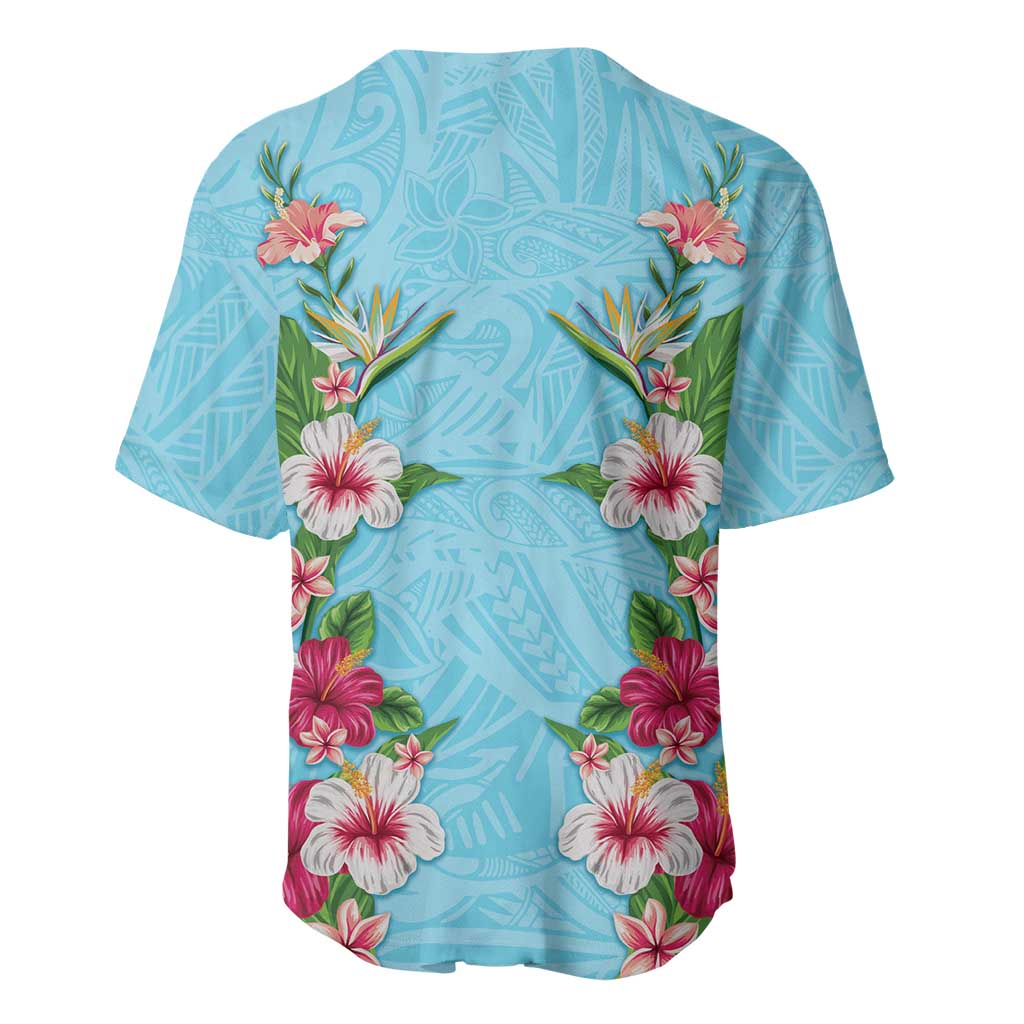 Hawaii Tropical Flowers Baseball Jersey Sky Blue Polynesian Tattoo Art LT05 - Polynesian Pride