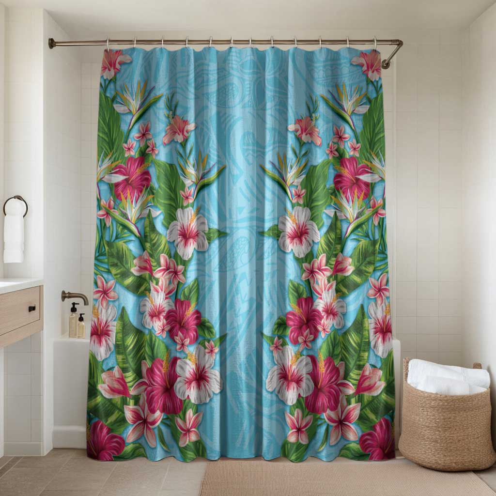 Hawaii Tropical Flowers Bathroom Set Sky Blue Polynesian Tattoo Art LT05 Shower Curtain Only Blue - Polynesian Pride