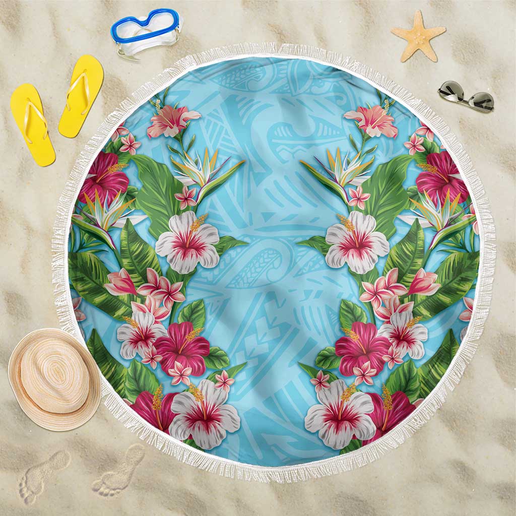 Hawaii Tropical Flowers Beach Blanket Sky Blue Polynesian Tattoo Art